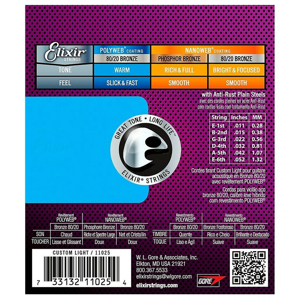 Elixir 11025 Acoustic Strings 80/20 Bronze with POLYWEB Coating Custom Light (.011-.052)