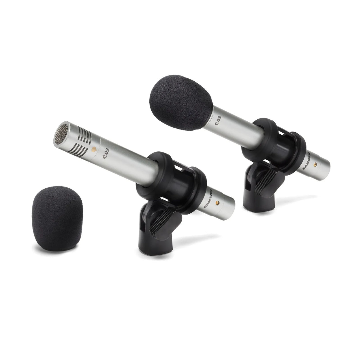 Samson C02 Pencil Condenser Mic Supercardioid Carry Case & Shock-Mounted Mic Clips Matched Pair