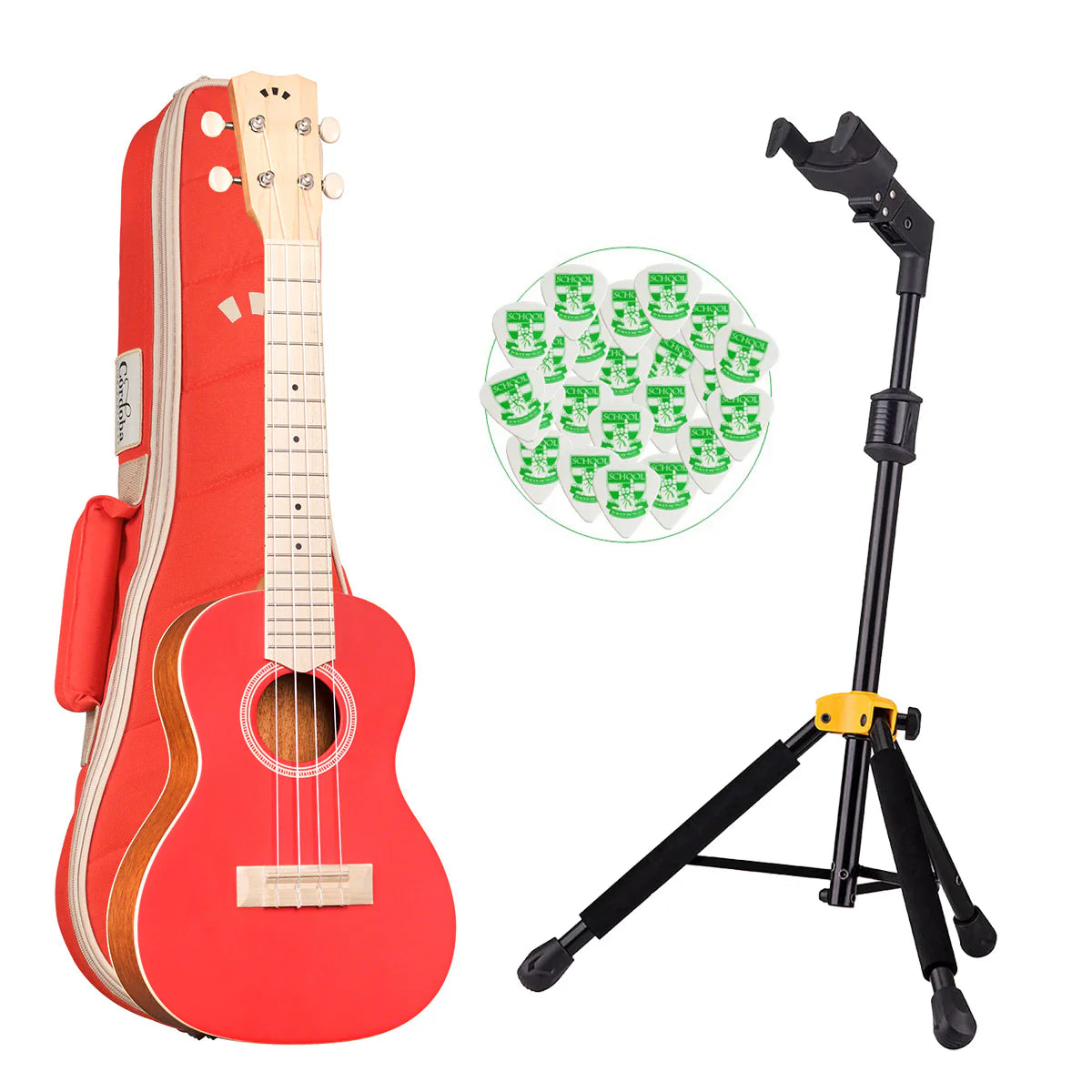 Cordoba 15CM Matiz Chilli Red Concert Ukulele with Color Matching Bag + Ukelele Stand + 20 Picks