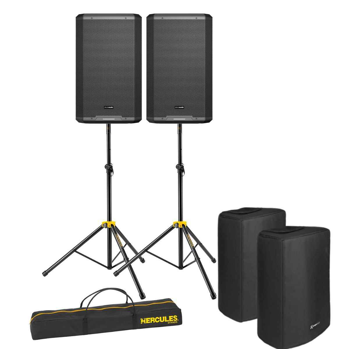 Plus Audio 2x MPS15A Active Loudspeaker including 2xStage Plus bags and Hercules Stands SS200BB