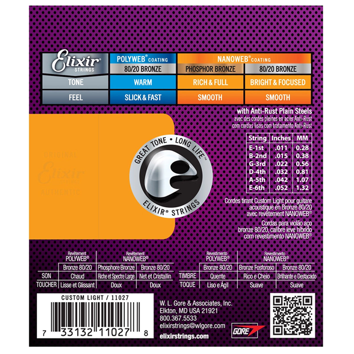 Elixir 11027 Acoustic Strings Custom Light 80/20 Bronze Nanoweb 0.11-0